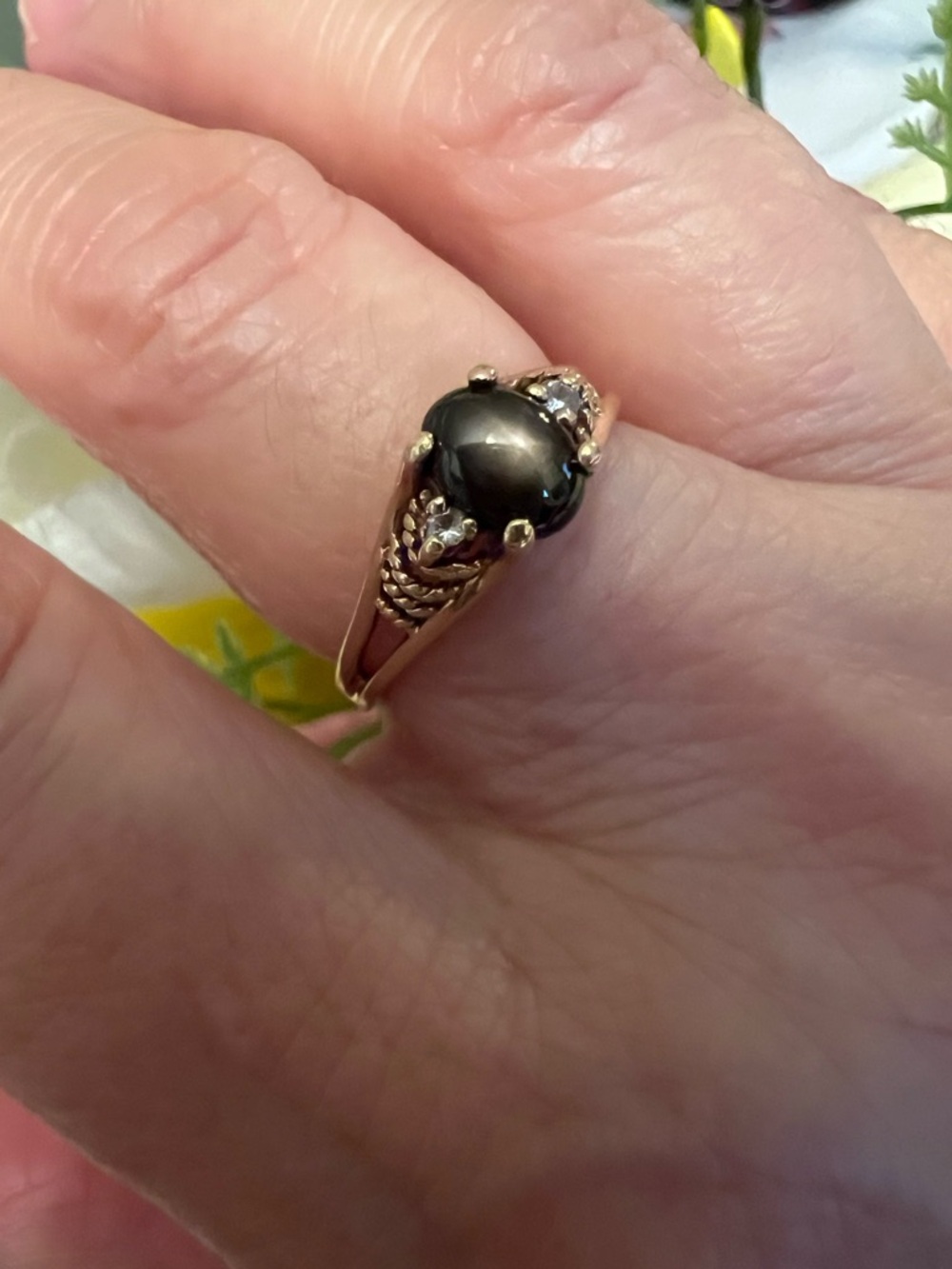 Vintage 14K Solid Yellow Gold Natural Black Sapphire Ring with Diamond Accents